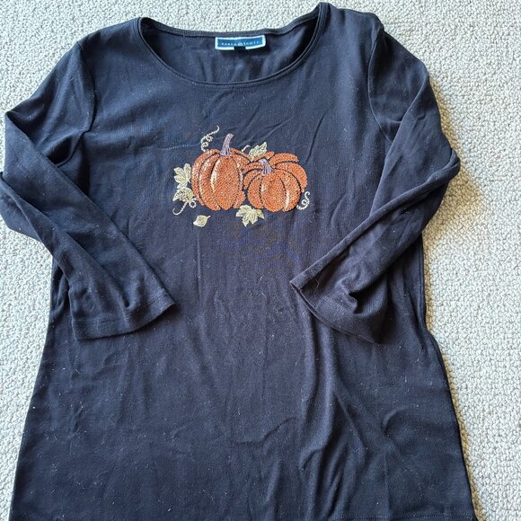 Karen Scott L Black Sequin Pumpkin Top 🎃 3/4 Sleeve Fall Autumn Thanksgiving - Picture 1 of 7